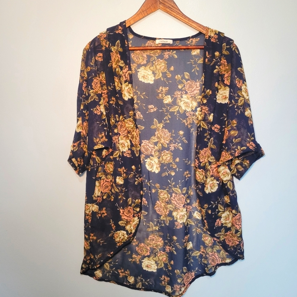 Teen Bell Open Front Sheer Kimono/Cover-up Navy Blue Floral Womens Size M